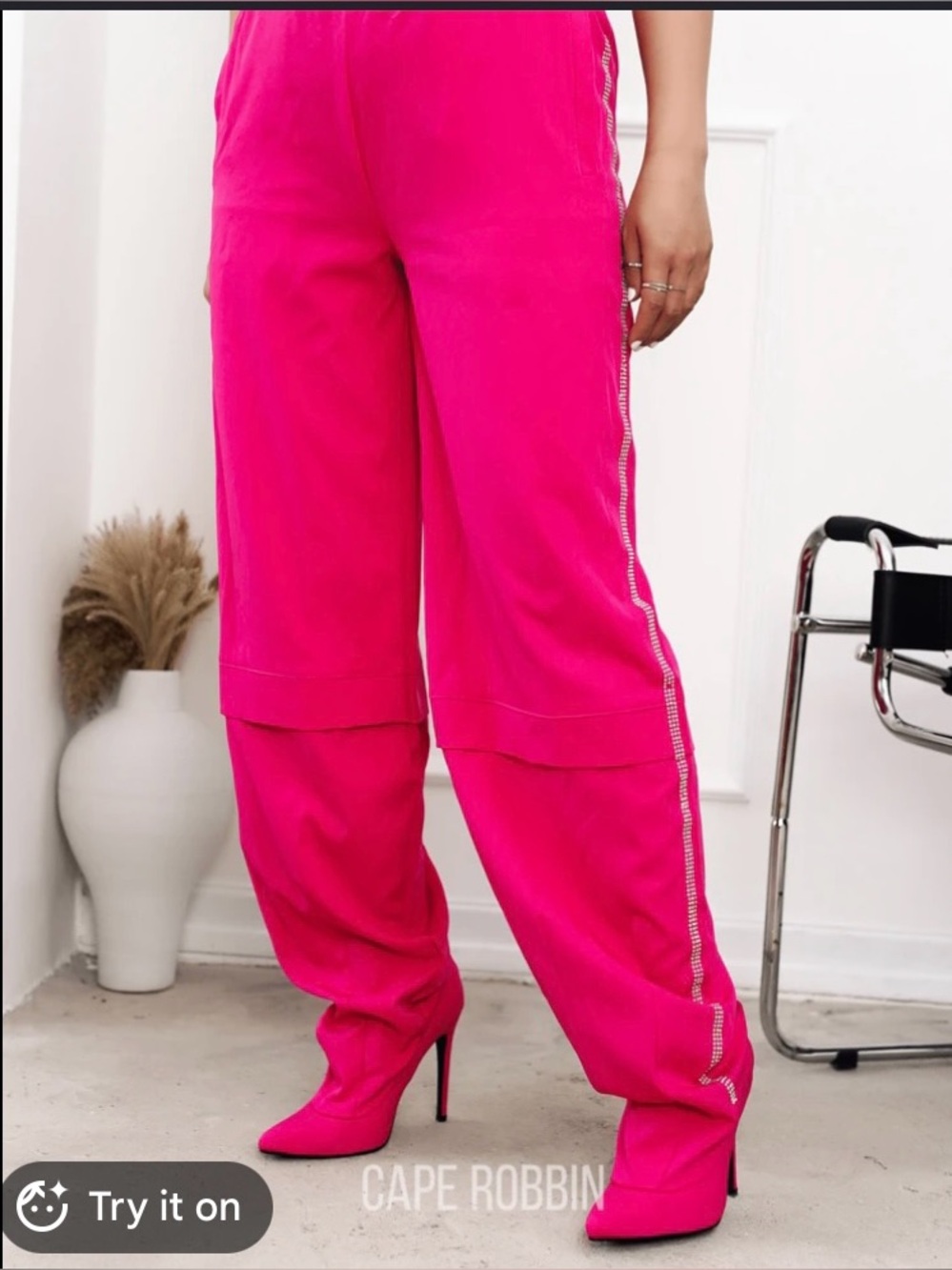 Cape Robbin Fuchsia Wide Leg Pants with Rhinestone Side Trim